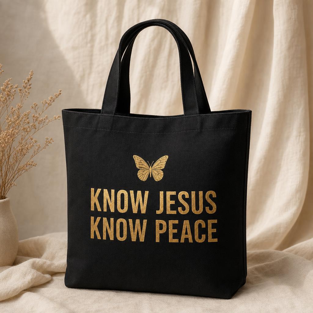 Know Jesus Know Peace Tote design shown on black apparel