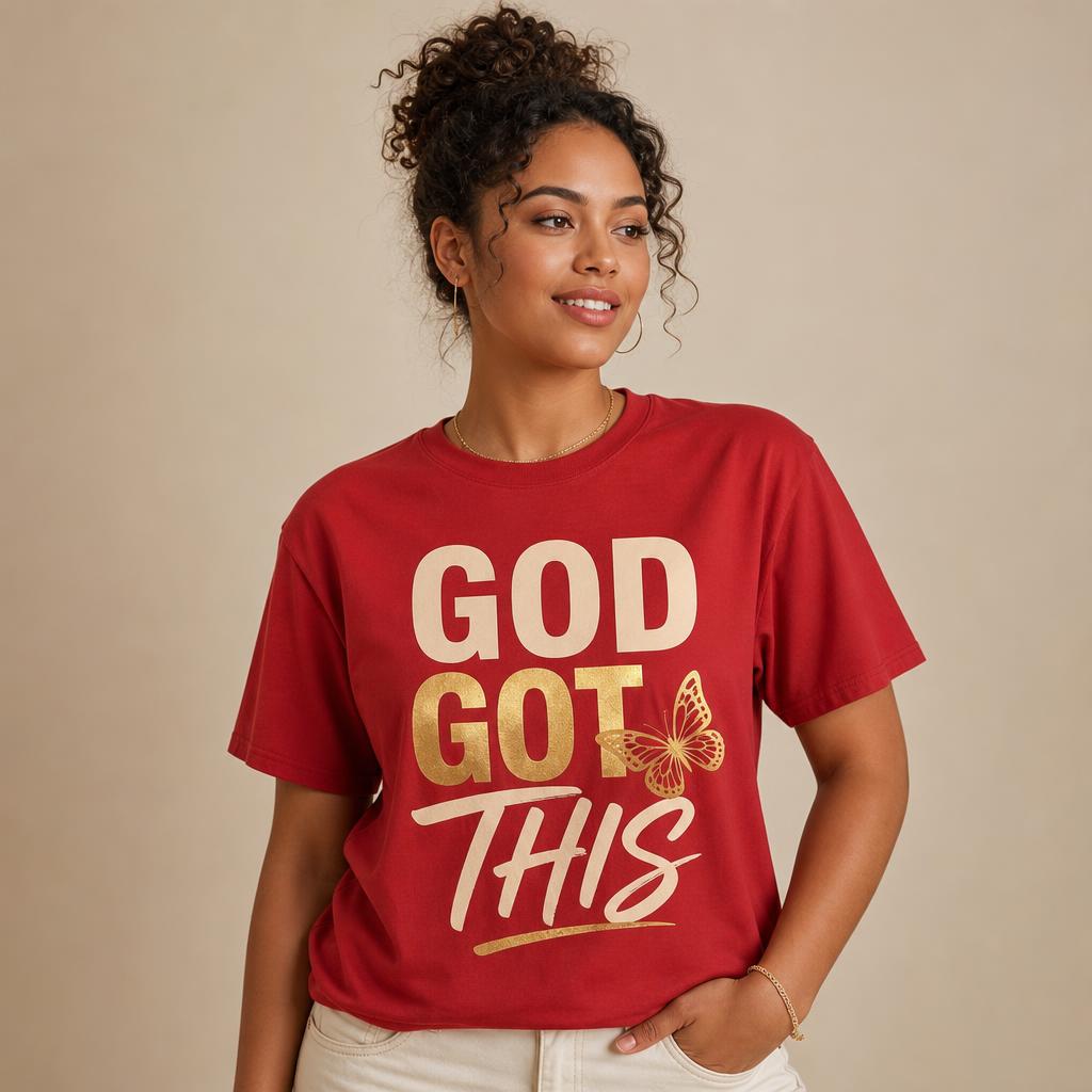 GOD GOT THIS! design shown on red apparel