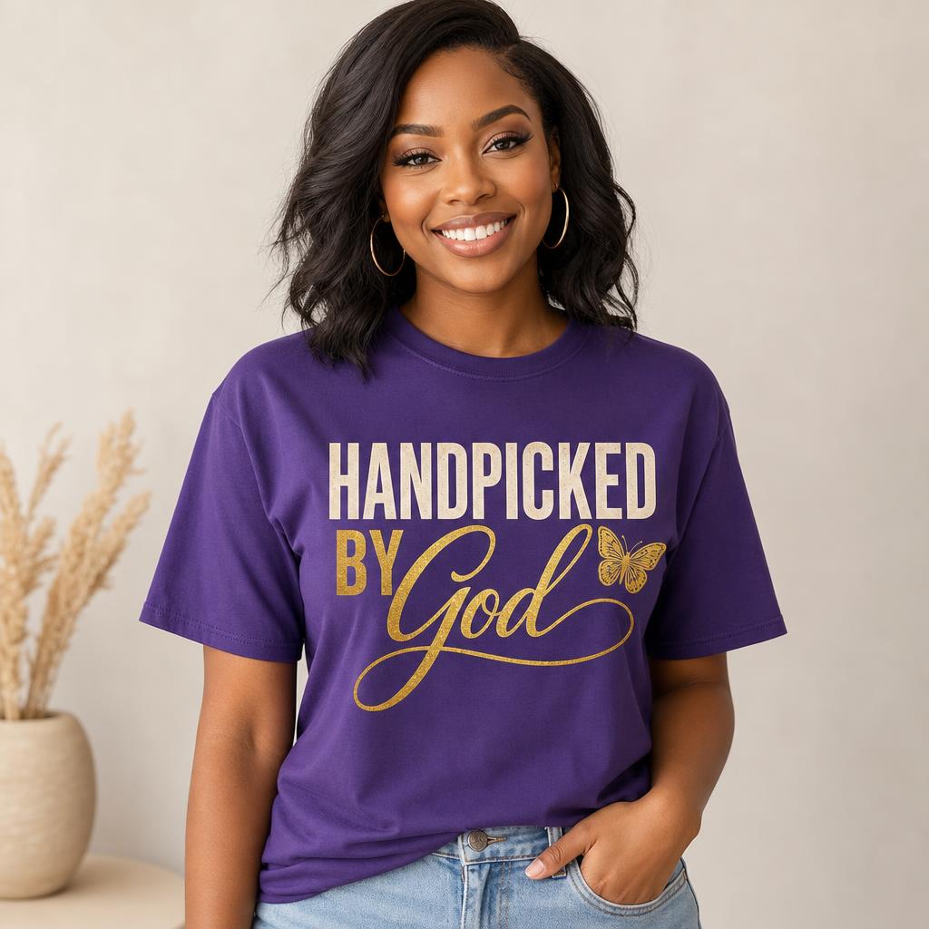 Handpicked by God design shown on purple apparel
