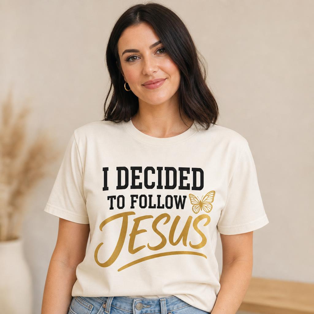I Decided to Follow Jesus design shown on cream/natural apparel