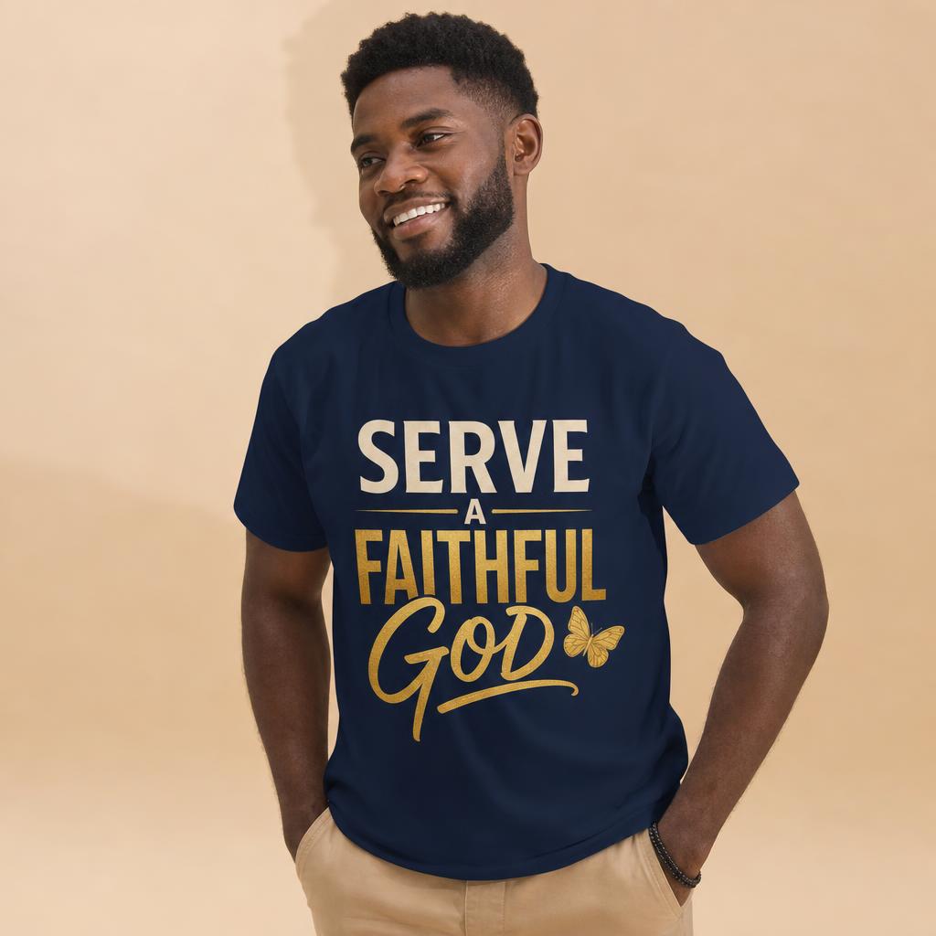 Serve a Faithful God design shown on navy apparel