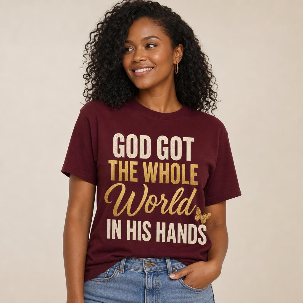 GOD GOT THE WHOLE WORLD IN HIS HANDS! design shown on burgundy/maroon apparel
